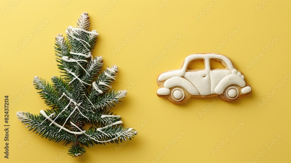 Top View of Christmas Car Shaped Cookie with Fir Tree on Yellow Background