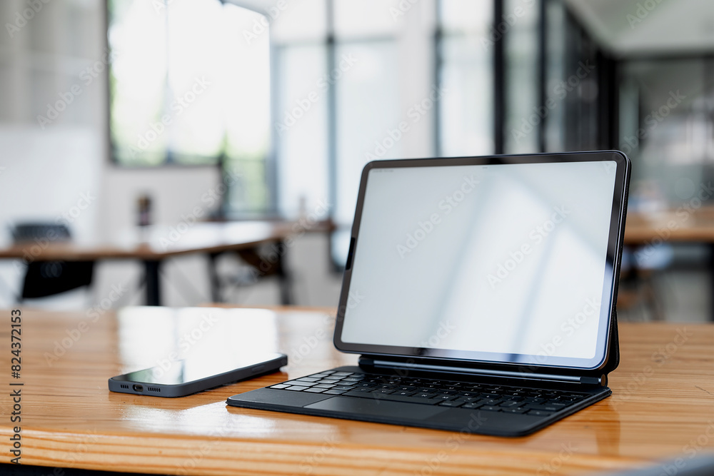Mockup blank screen laptop and mobile phone on wooden table. Mockup blank screen laptop and mobile phone on wooden table.
