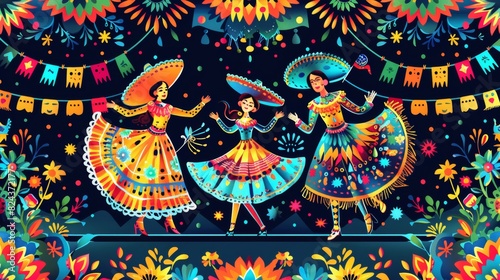 Vibrant cartoon vector of people dancing in traditional Mexican attire, surrounded by piÃ±atas, sombreros, and banners celebrating Cinco de Mayo Generative AI photo