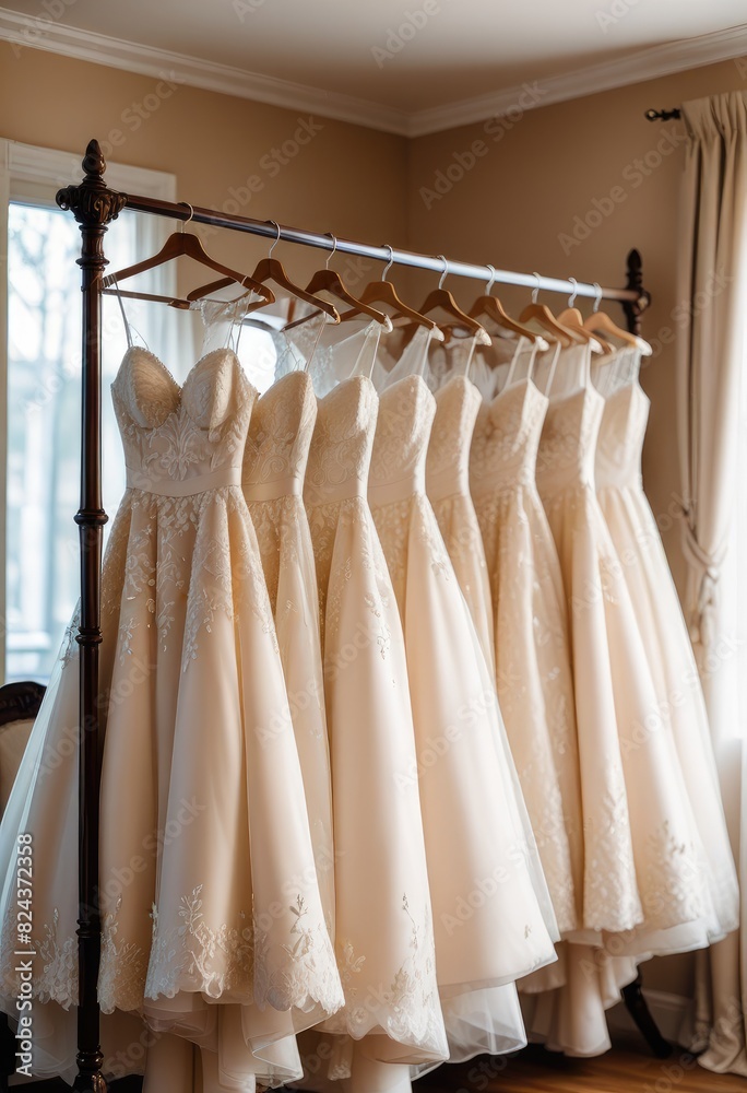 Cream wedding dresses elegantly hanging on a rack, awaiting their moment to enchant brides-to-be with timeless beauty