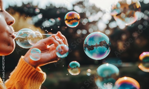 A Person Blowing Soap Bubbles with Floating Bubbles Capturing photo