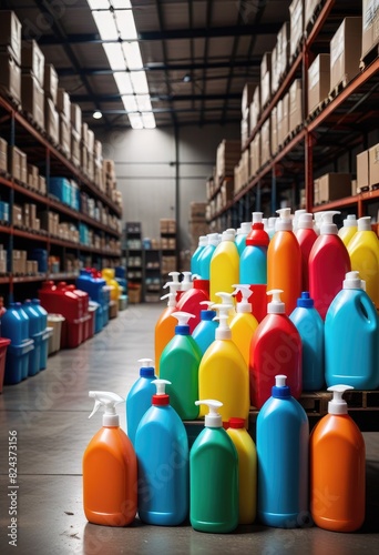 In a warehouse, various colorful detergent bottles showcase industrial cleaning supplies, ready for use in maintaining cleanliness and hygiene