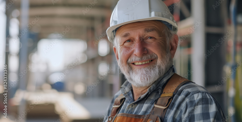 Portrait of a gray-haired foreman at a construction site. An elderly happy worker at the factory. A smiling man in a white hard hat Portrait of a gray-haired foreman at a construction site. An elderly happy worker at the factory. A smiling man in a white hard hat