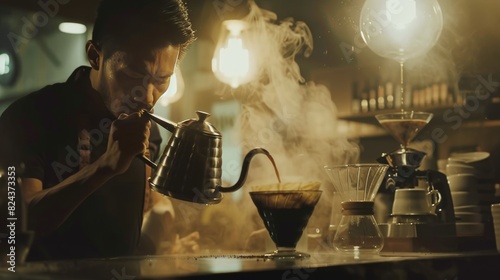 Men barista making a drip coffee, pouring hot water from kettle over a ground coffee powder photo