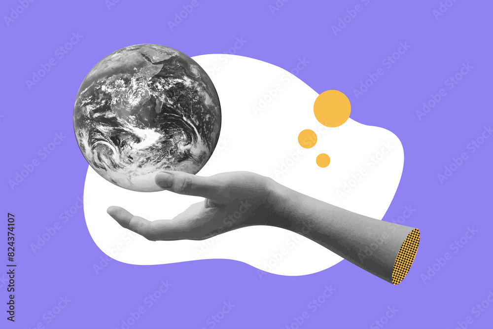 Cut out hand holding a floating earth. Surrealism contemporary collage ...