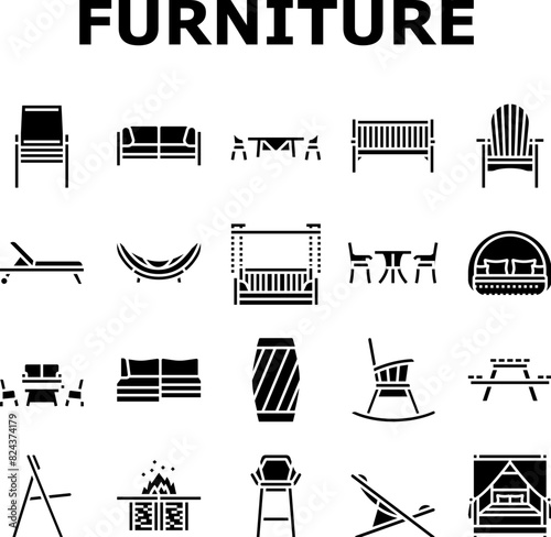 outdoor furniture patio garden icons set vector. terrace table, house home, summer balcony, luxury view, sofa, wooden outside, deck outdoor furniture patio garden glyph pictogram Illustrations