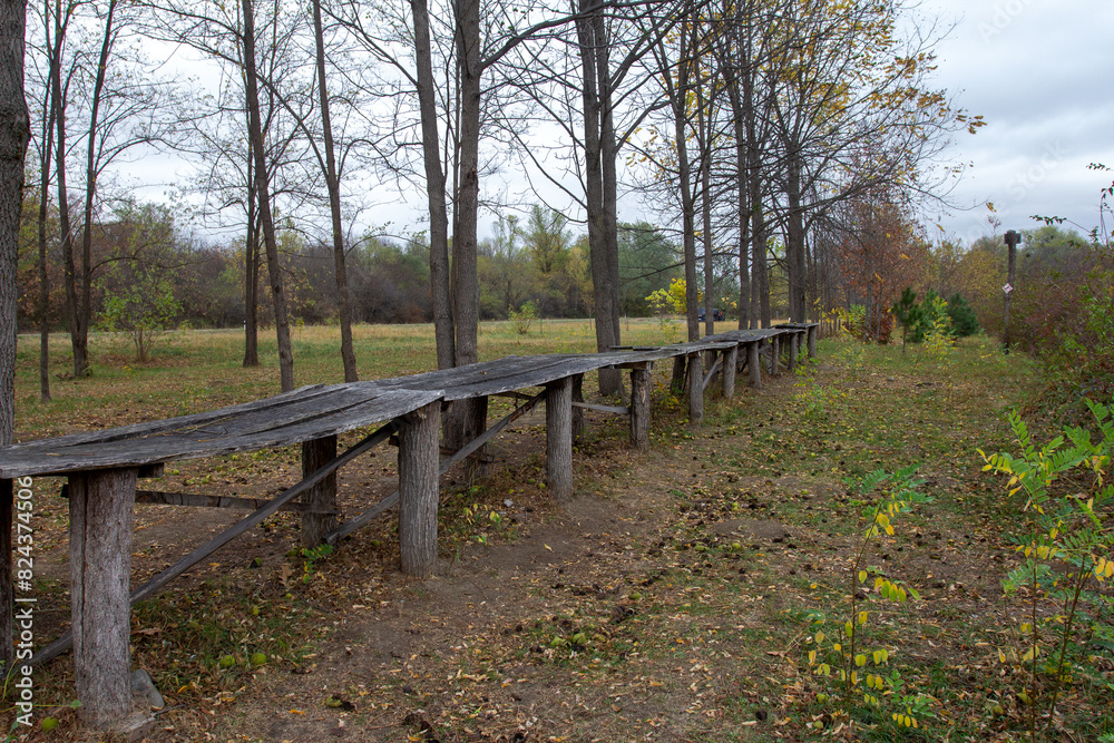 autumn park, which houses objects made of wood for recreation and people's time, an open-air museum