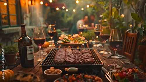 a slightly angled top-down shot from a slight side view of a moody lit dinner table for 6 people with a grillplate in the middle,generative ai photo