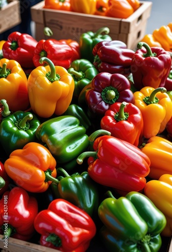 Vibrant peppers proudly showcased for sale at a bustling local farmers market, enticing passersby with their colorful allure