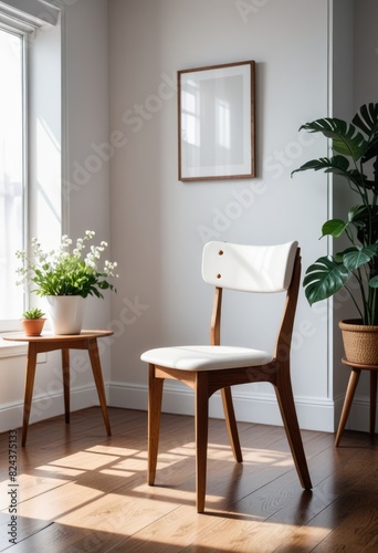 Wooden chair in a white living room interior, featuring a blank table