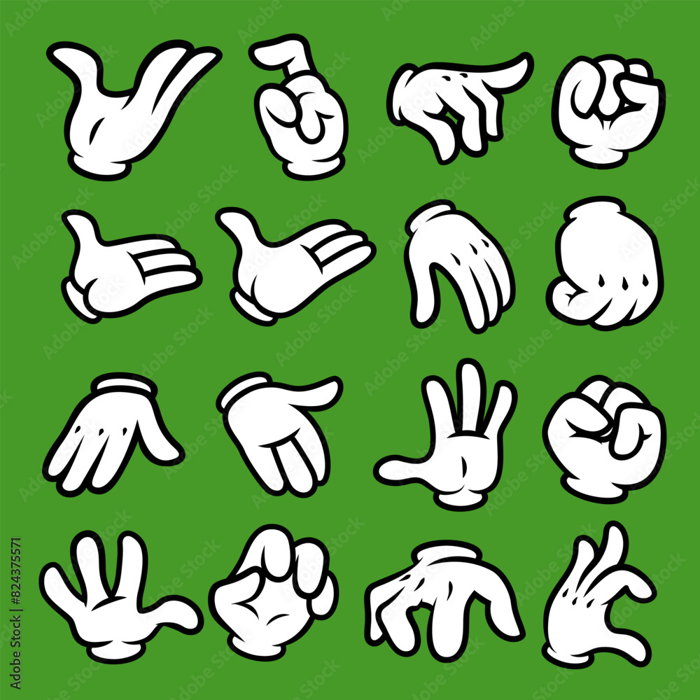 Fototapeta premium Set of cartoon hands in gloves. Retro style mascot hands. Rubber hose style hands. Vector illustration