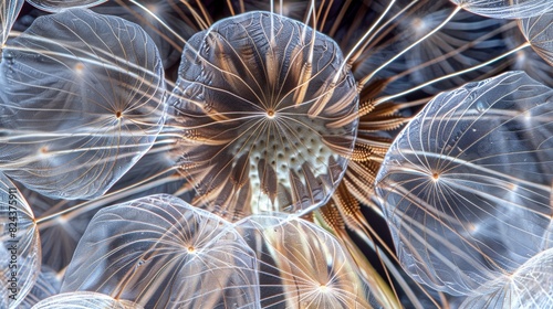 Macro photo of a dandelion seed head, showcasing the intricate details of the seeds and their fluffy pappus,
