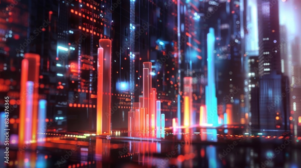 Futuristic digital cityscape with glowing neon skyscrapers and data visualization elements in a cyberpunk style.
