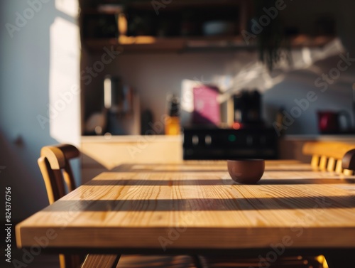 Morning Light in a Bright  Modern Kitchen - Bamboo Table with Blurry Lively Background Ideal for Product Display