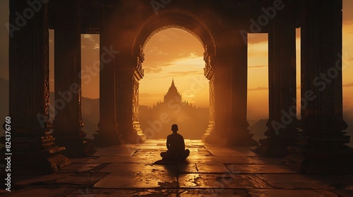 Silhouette of a solitary Buddhist practitioner in deep prayer at the entrance of an ancient temple, surrounded by fading light photo