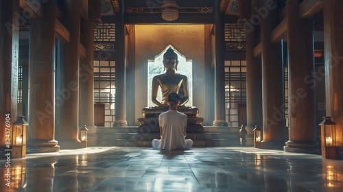Temple hall with a serene Buddha statue radiating tranquility one person in a prayerful pose absorbing the sacred energy