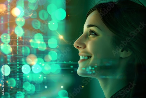 Woman smiling while looking at digital interface and green lights. Futuristic technology and innovation concept.