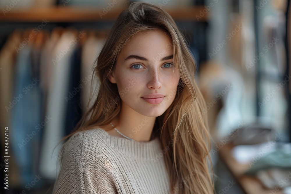Fototapeta premium Beautiful young smiling caucasian woman standing in clothing store