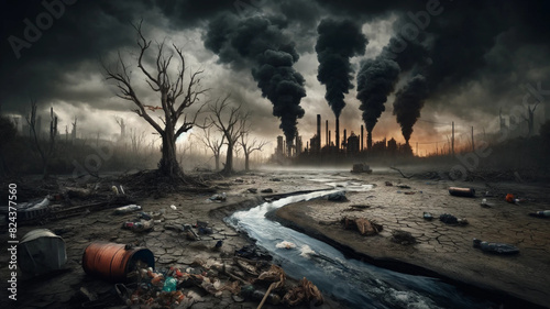 Desolate landscape of environmental destruction and industrial pollution photo