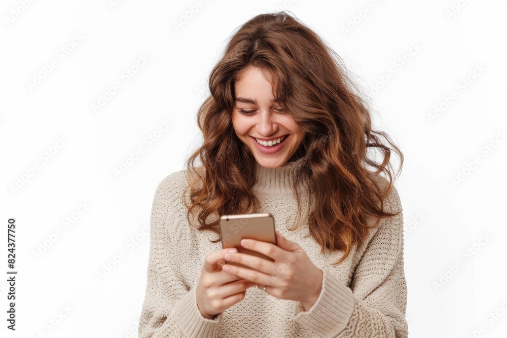 Joyful young woman with wavy hair, wearing a sweater, smiling while looking at her smartphone against a white background. Joyful young woman with wavy hair, wearing a sweater, smiling while looking at her smartphone against a white background.