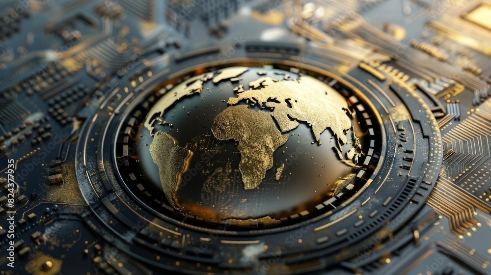 Fototapeta premium Futuristic globe with integrated circuit, representing global technology and digital connectivity. Modern tech concept in a striking visual artwork.