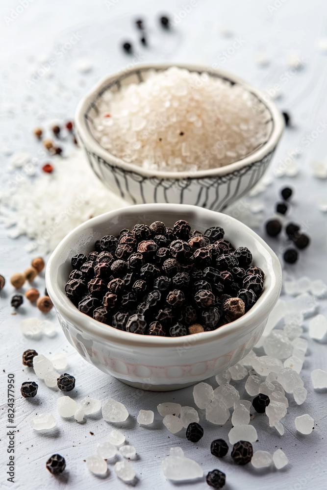 Sea salt and black peppercorns in dishes on white background Sea salt and black peppercorns in dishes on white background