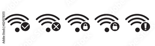 Signal strength WIFI icon set collection. Wireless connection network, WIFI security symbol vector