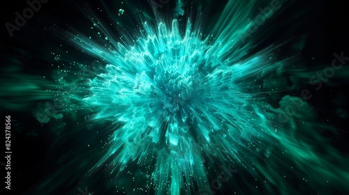 A vibrant turquoise explosion frozen in mid-burst  radiating energy outward in a spherical pattern against the backdrop of deep black  captured at dawn.