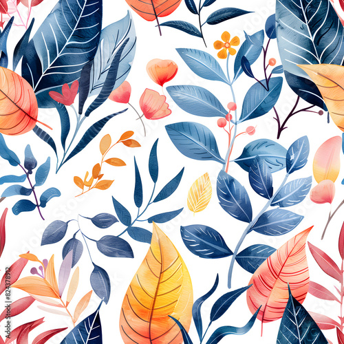 Azure and orange flowers and leaves create a seamless pattern on white textile photo