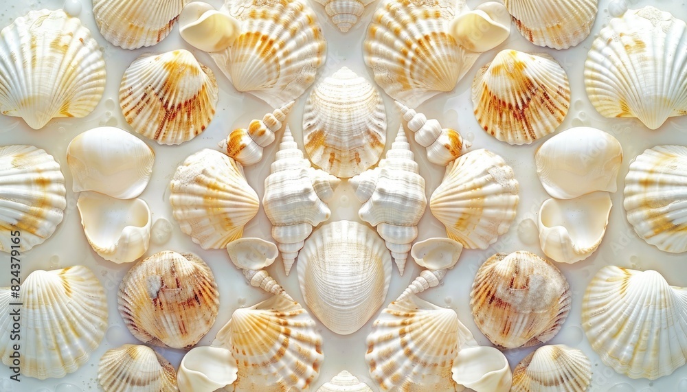 A symmetrical arrangement of seashells washes ashore, providing a tranquil and captivating background for text.