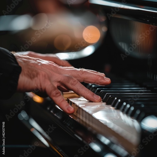 Close-up of the male hands of a man playing the piano and pressing the keys. Musical instrument.