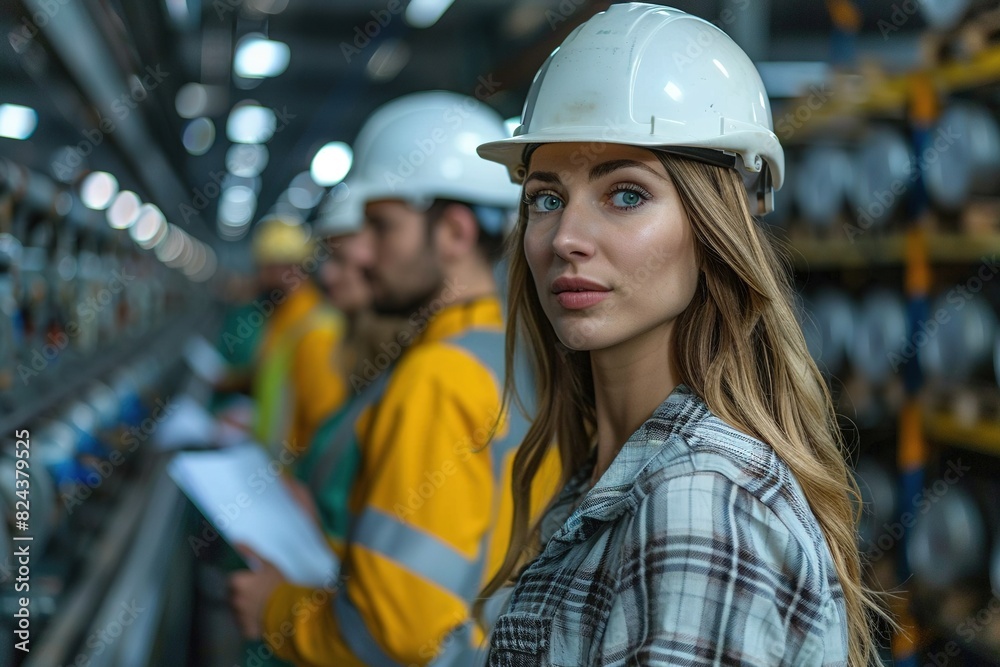 The young engineer wearing a safety helmet is in the workshop The young engineer wearing a safety helmet is in the workshop
