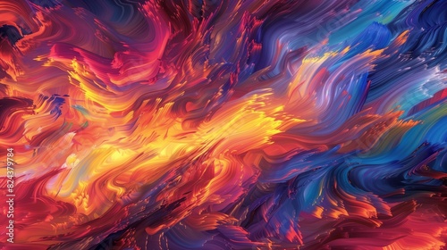 An explosion of vibrant colors forming abstract swirls and strokes, reminiscent of a fiery sunset captured in thick, luscious oil paint. 