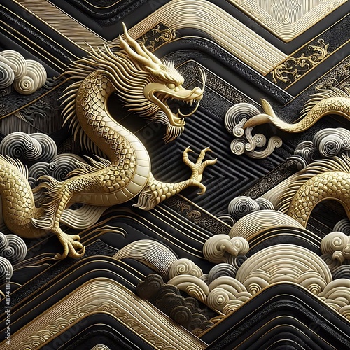 Dragon gold and black background with a luxurious and elegant geometric design