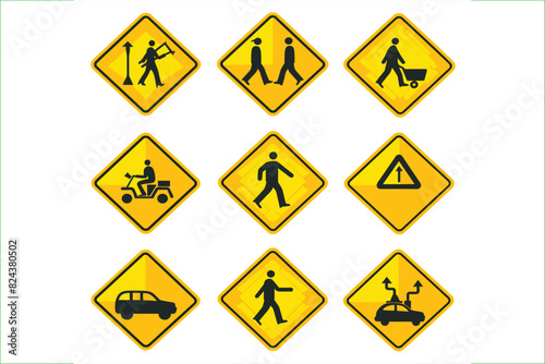Road signs set. Vector illustration, on white background. Set of traffic Hazard circle yellow sign. Road signs set. Vector illustration. on white background. Traffic road signs. Set of road signs. 
