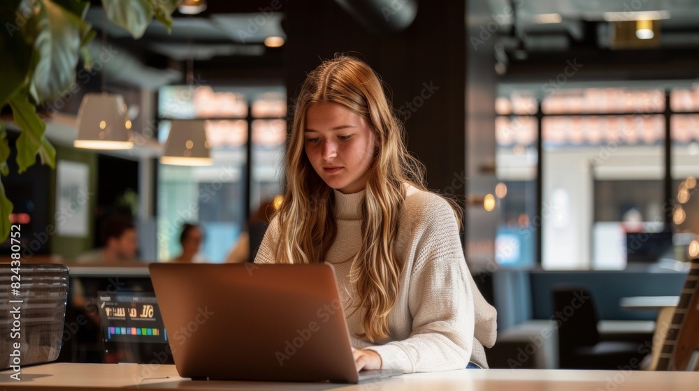 Young Caucasian Woman Working on Laptop in Modern Office Space, Focused and Professional During Daytime Young Caucasian Woman Working on Laptop in Modern Office Space, Focused and Professional During Daytime