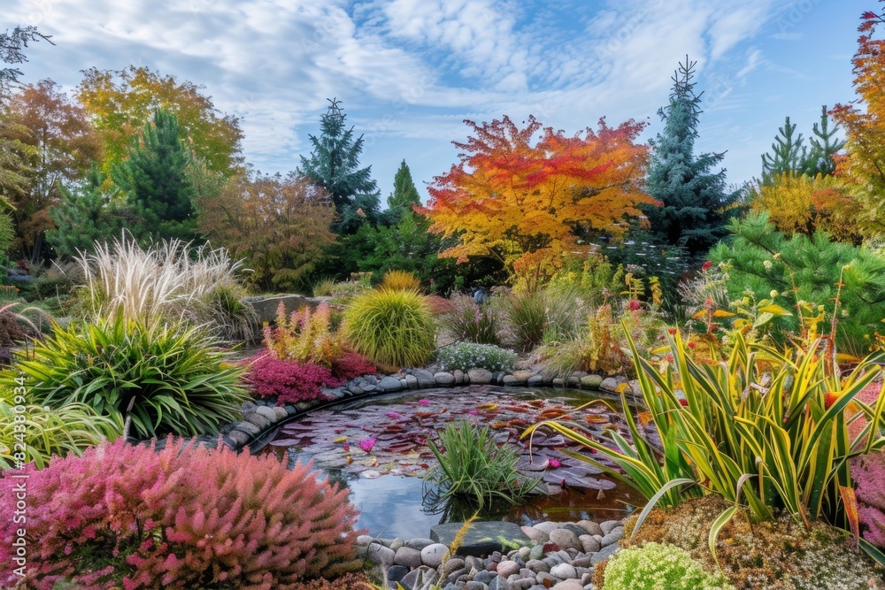 Fototapeta premium A Garden Transforming Through the Seasons with Plants Blooming and Changing Colors