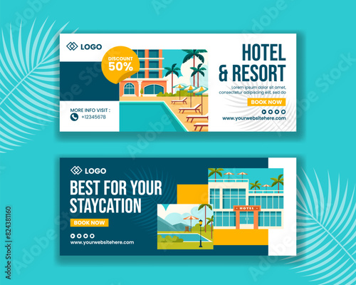 Hotel Horizontal Banner Flat Cartoon Hand Drawn Templates Background Illustration