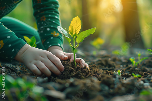 Child holding a seedling, focus on hands, concept of tree planting and earth conservation, early morning sunlight blurred background