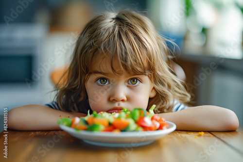 Child refusing to eat vegetables, unhappy expression photo