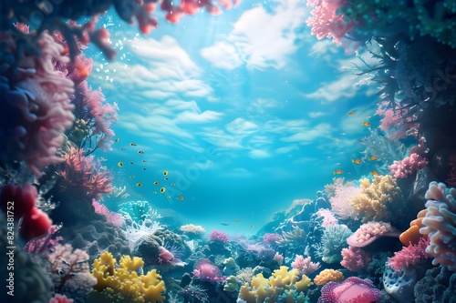 Vibrant underwater seascape with diverse fish and corals basking in sunbeams 