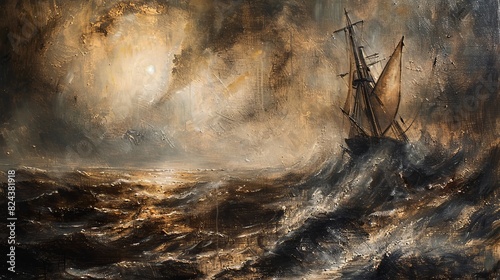 An oil painting depicting a ship sailing through a storm towards a rising sun, reminiscent of the style of William Turner. photo
