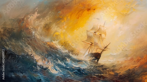 An oil painting depicting a ship sailing through a storm towards a rising sun  reminiscent of the style of William Turner.