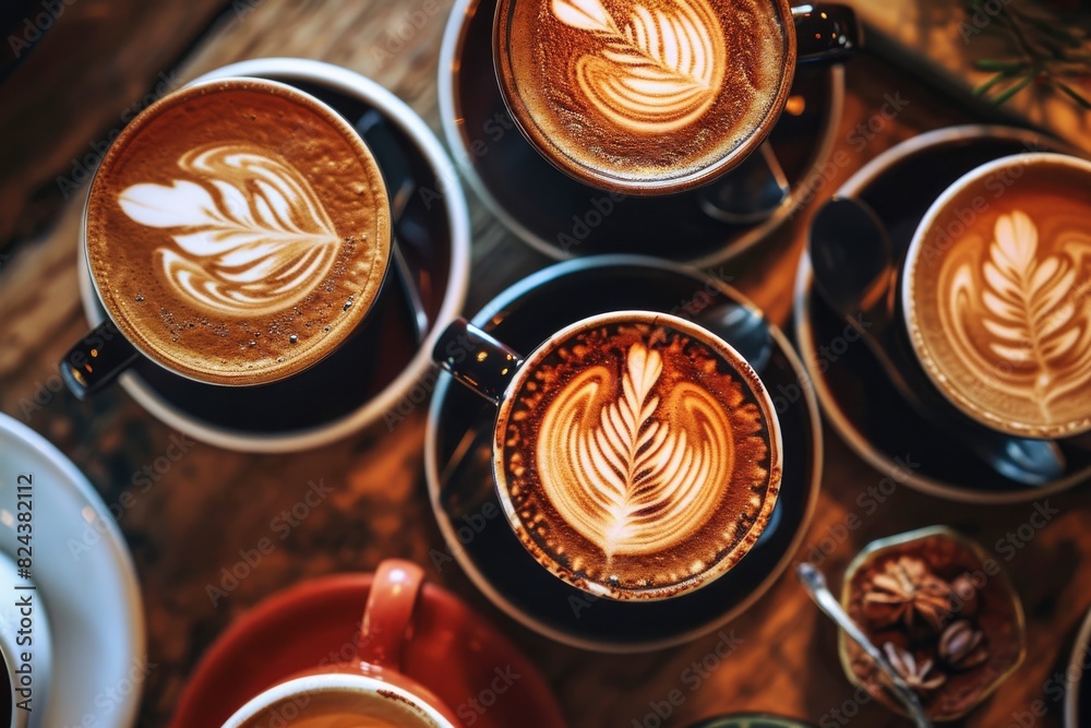 Coffee cups with latte art on wooden table. Top view, Multiple cups of coffee with design , AI generated