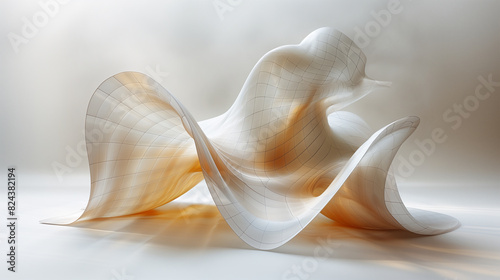 abstract geometric swirling white background, a smooth, translucent wave with a grid pattern in soft white and light orange hues, illuminated warmly photo