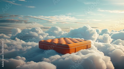 An outdoor photo of an orange mattress floating among the clouds.