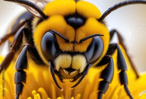 A close-up macro shot of a large black yellow honeybee head , showcasing its compound eyes, antennae, and intricate facial features. © luxifer