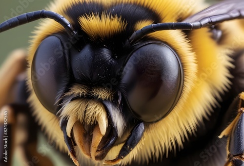 A close-up macro shot of a large black yellow honeybee head , showcasing its compound eyes, antennae, and intricate facial features.