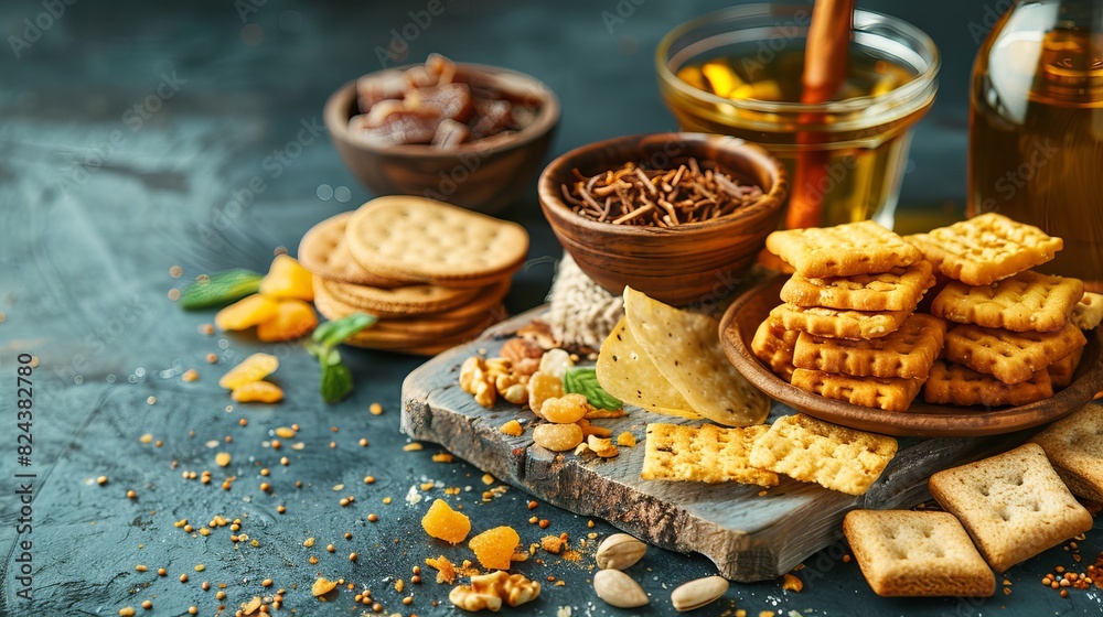 A photo of sweet biscuits, assorted chips, nut mixture, and drinks divided into three equal parts, with a light background.