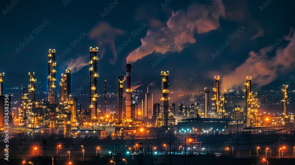 A nighttime view of a refinery without smoke. A nighttime view of a refinery without smoke.